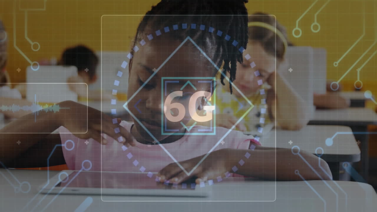 Child using tablet with 6G technology animation overlay in classroom setting