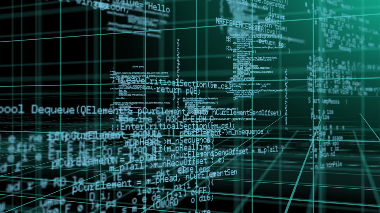 Animation of layers of processing data and coding moving over 3d grid on black background