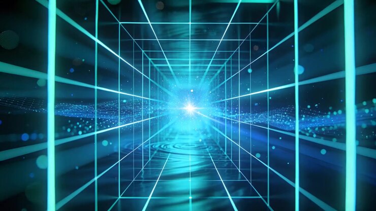 Corridoio a griglia luminosa che avanza verso un nucleo illuminato nello spazio virtuale con telecamera in movimento, pavimento ondulato.