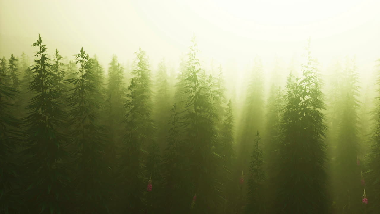 Lush green forest basking in morning fog during golden hour
