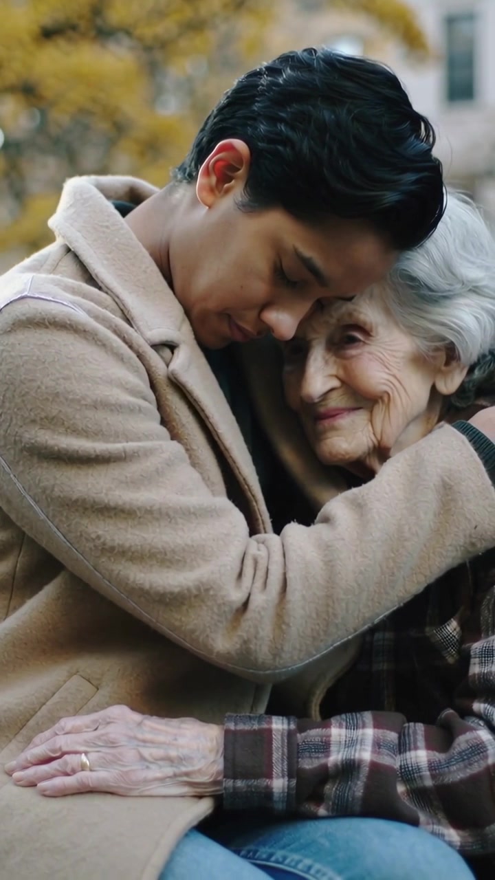 Vertical video: Leaning adult on left embracing grandma at park bench, with beige coat, comforting