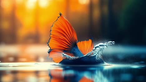 vibrant fish swims at sunset. vibrant fish glides gracefully through calm water, set against a stunning sunset backdrop illuminating the surroundings.