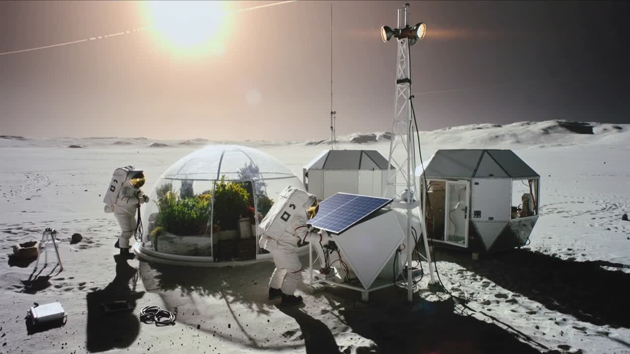 Approaching solar unit at lunar outpost two suited crew crouching, servicing panels and dome