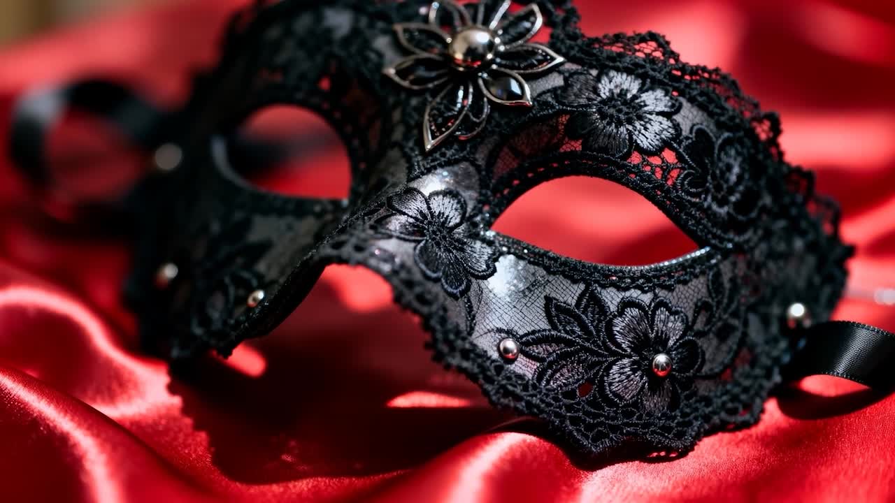 Panning della camera che mostra una maschera di pizzo nero su un drappo di raso rosso, evidenziando la texture, la spilla e il nastro