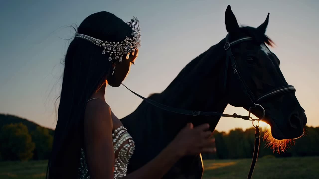 Woman and Horse at Sunset