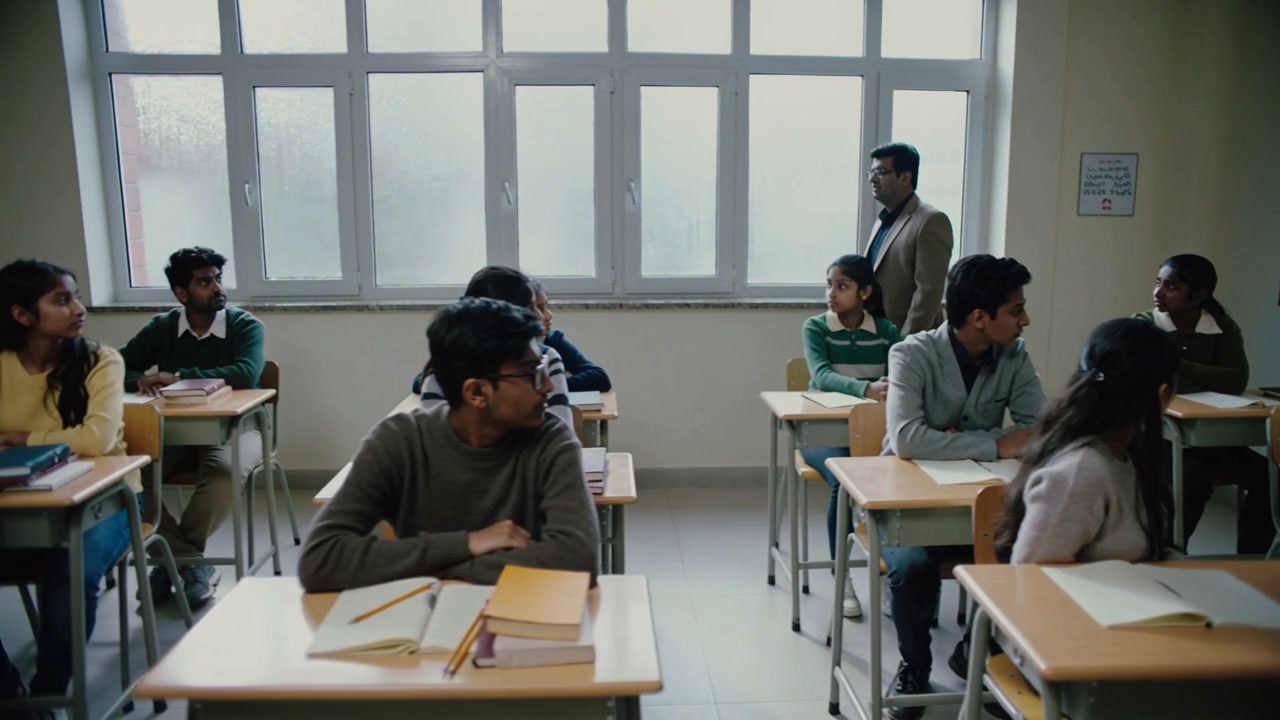 Turning students wearing sweaters shifting gaze in class as teacher walking right aisle, notebooks