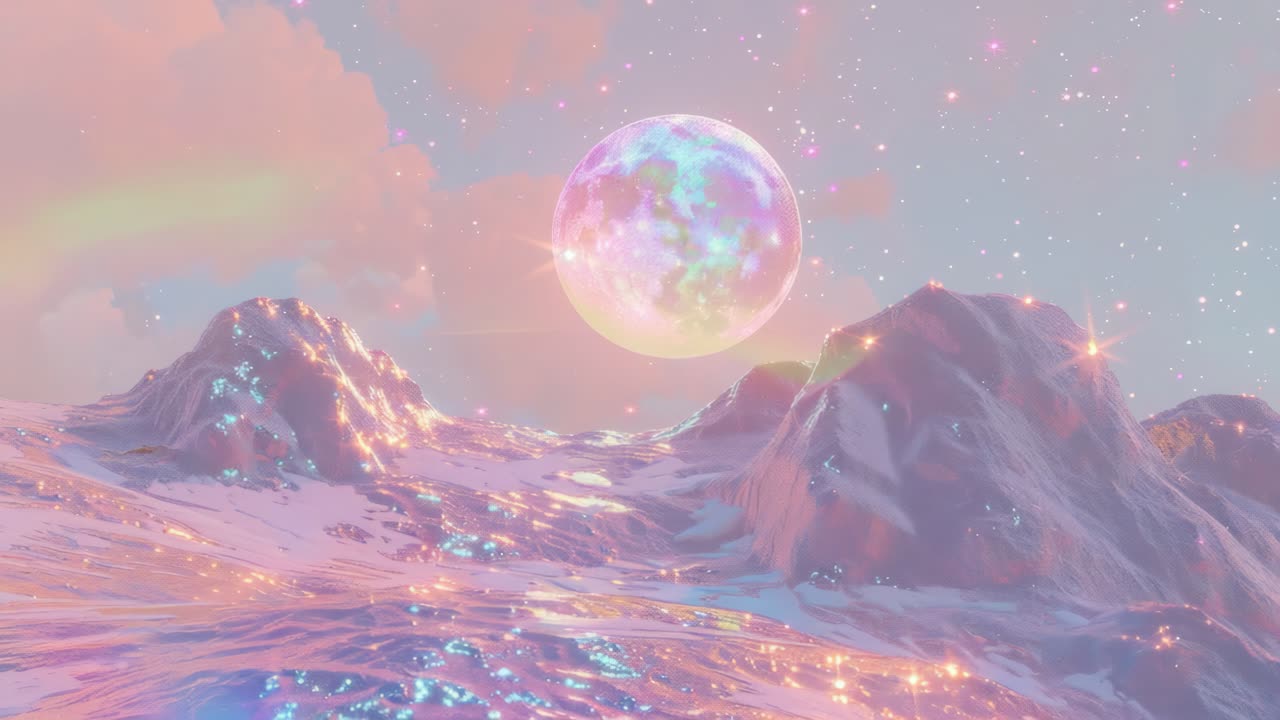 Surreal landscape with glowing mountains and a vibrant moon. Captured from a low angle, this scene