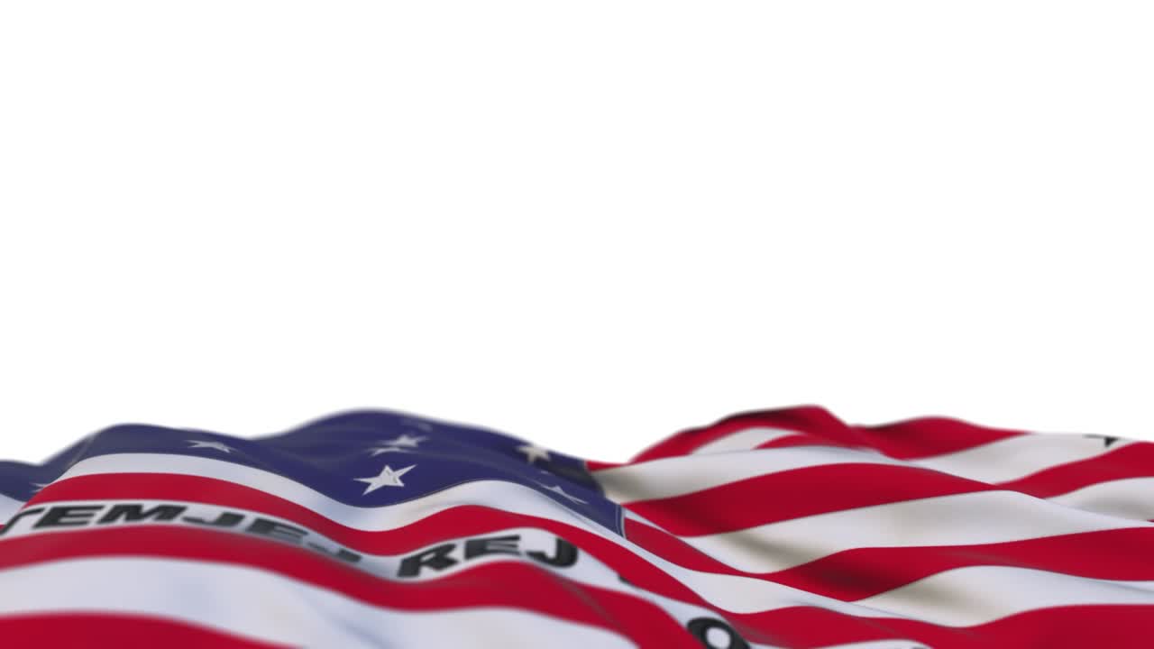 bikini atol bandera de tela ondeando en el bucle del viento. bikini atol bordado estampado plaga de tela balanceándose en la brisa. fondo blanco medio lleno. lugar para el texto. bucle de 20 segundos.