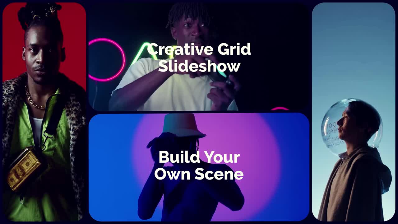 Split-screen slideshow with modern layouts to showcase photos and video clips