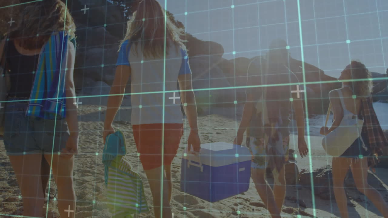 People carrying beach gear on sand with grid animation overlay