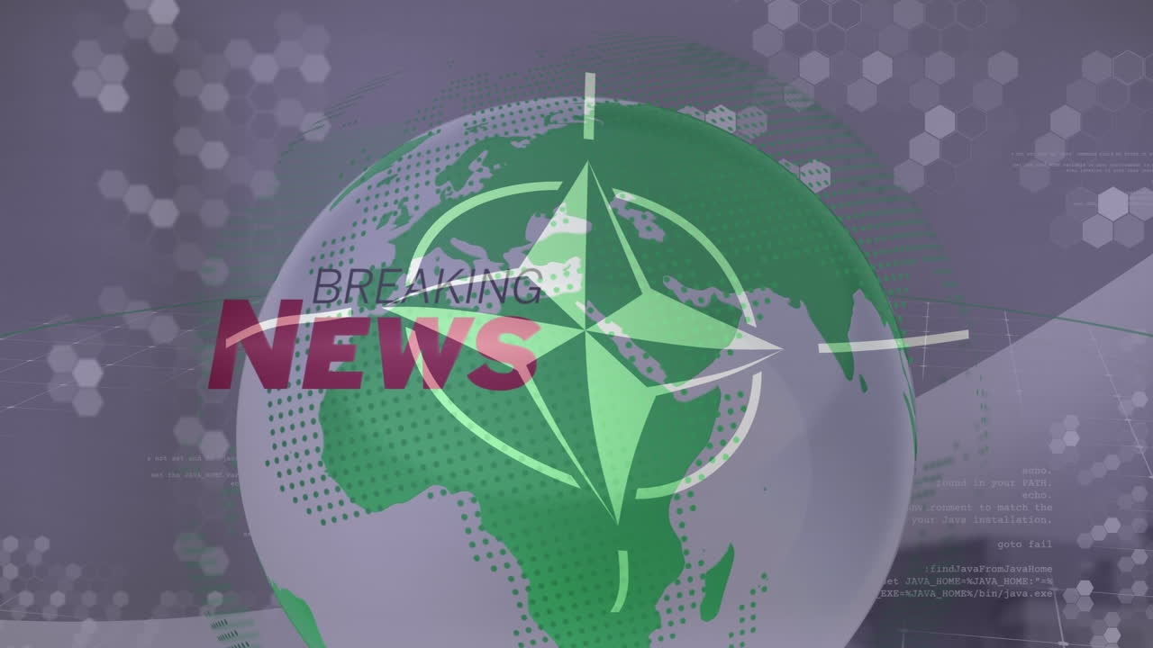 Animation of globe and breaking news over flag of nato