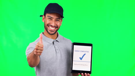 Asian-man,-tablet-and-thumbs-up-on-green-screen