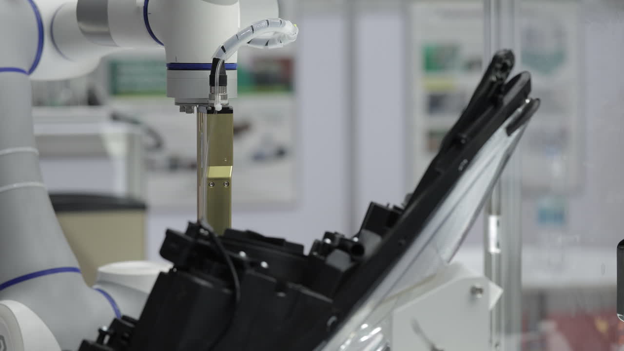 Robotic arm assembling a car headlight