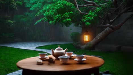 rainy night in a japanese garden with tea set