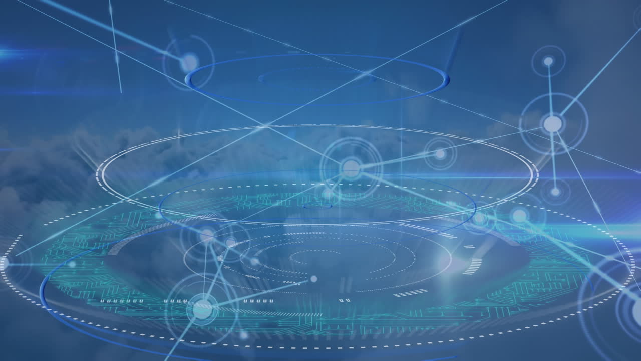 구름이 가득한 파란 하늘 위에서 데이터를 교환하고 처리하는 통신 네트워크의 애니메이션