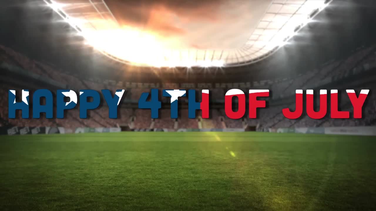 스포츠 경기장 위 에 있는 독립기념일 문자 의 애니메이션