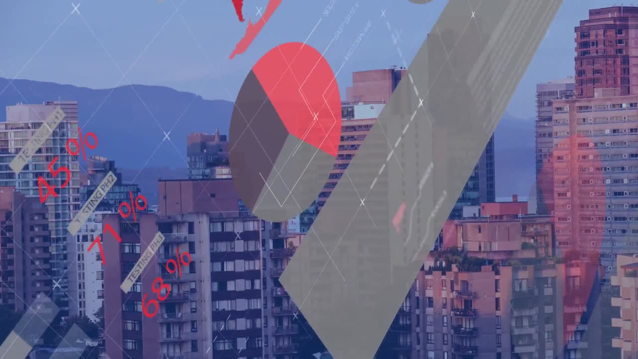 산과 하늘을 배경으로 현대적인 건물에 대한 인포그래픽 인터페이스의 애니메이션