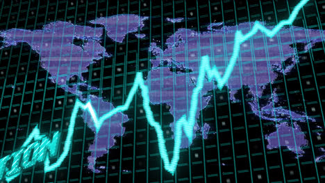 animation of inflation text in blue over graph and world map with data processing