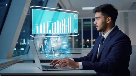businessman analyzing data with futuristic holographic display