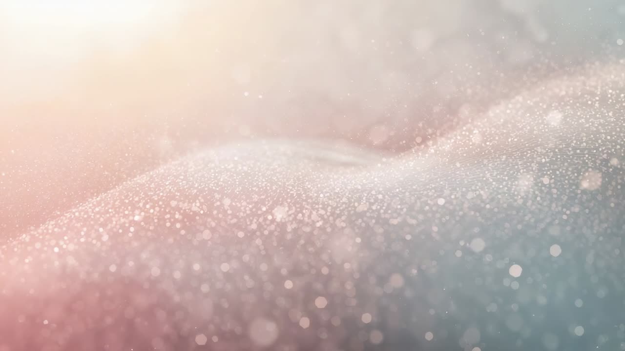 Shimmering grainy surface at macro showing particle drift as top-left warm light rising, bokeh haze