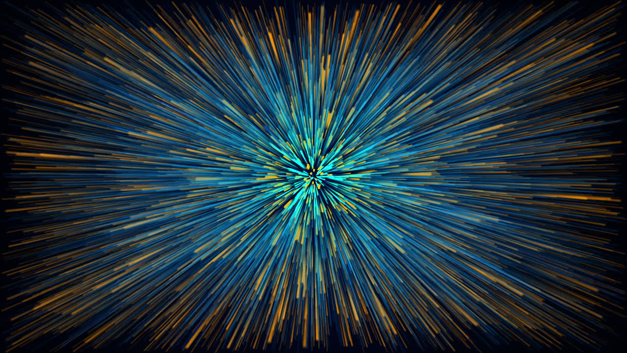 Cosmic dark background with fast moving yellow and blue neon particles. Flash with colored glowing rays. Looped animation.