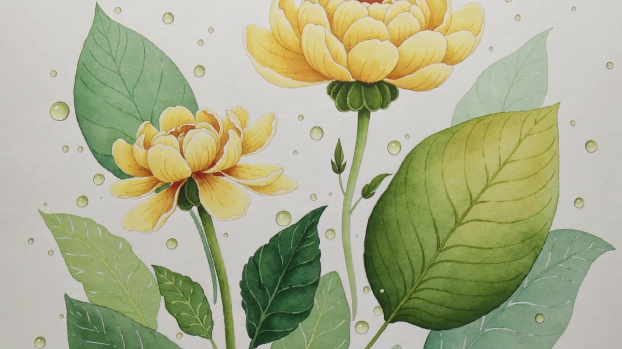 La telecamera si muove rivelando un dipinto botanico su carta in studio, con fiori gialli e goccioline.