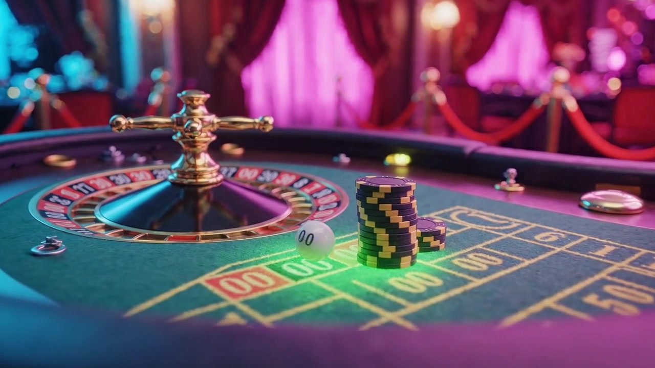 Uma Cena Cativante de Mesa de Roleta Apresentando Fichas Coloridas e uma Atmosfera Emocionante, Perfeitamente Capturada em um Cenário de Cassino Luxuoso