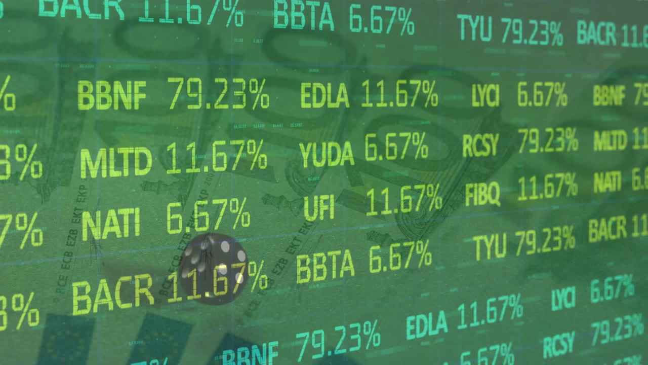 animación del procesamiento de datos financieros sobre dados y billetes en euros sobre fondo verde