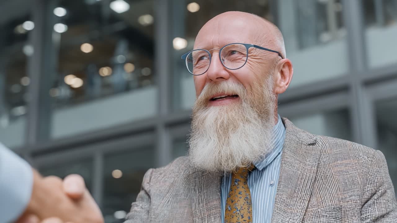 A cheerful businessman with a distinguished beard smiles while engaging in a handshake, symbolizing a successful partnership and mutual agreement in a professional setting