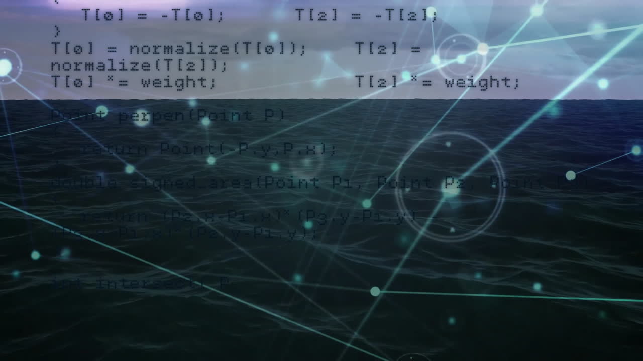 Code and network connections animation over ocean waves