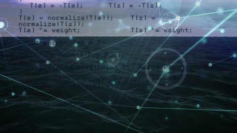 code and network connections animation over ocean waves