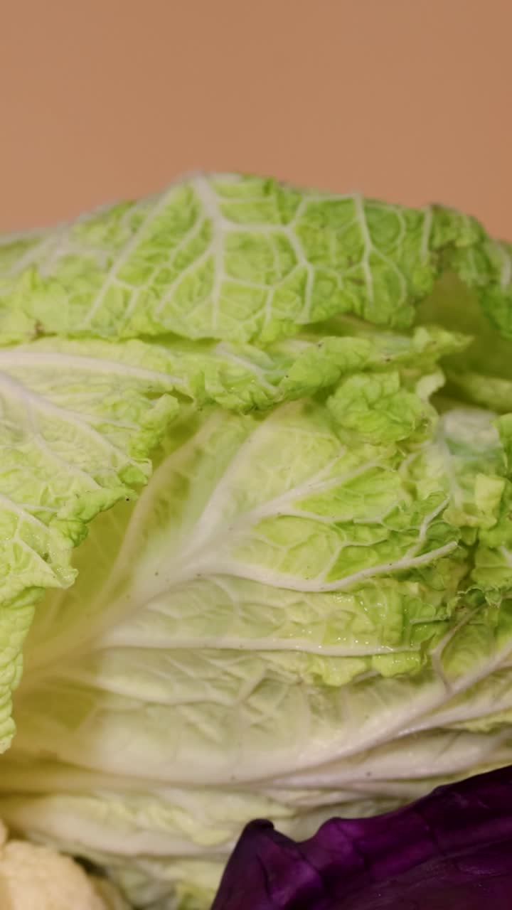 una variedad de verduras frescas, incluidas la col y la calabaza, están dispuestas contra un telón de fondo neutral, mostrando colores y texturas vibrantes