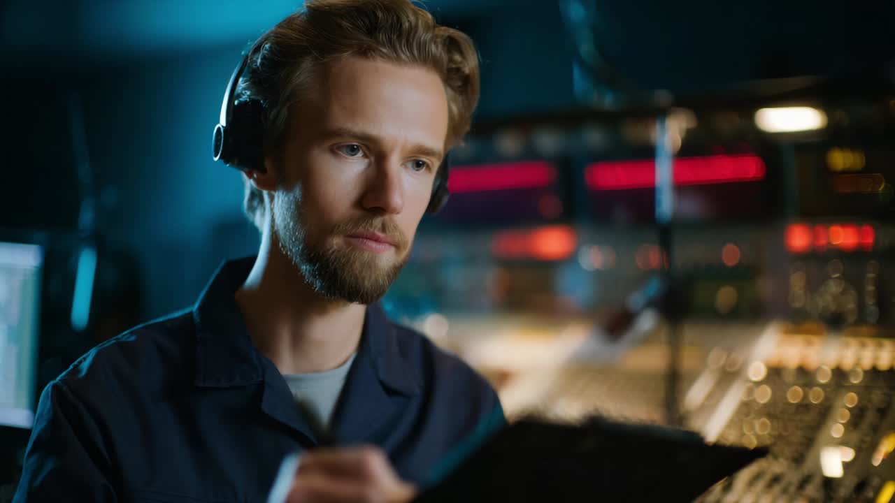 Focused Sound Engineer Using Equipment in a Professional Studio Setting, Reviewing Audio Charts While Wearing Headphones, Thoroughly Analyzing Sound Quality with Precision and Care