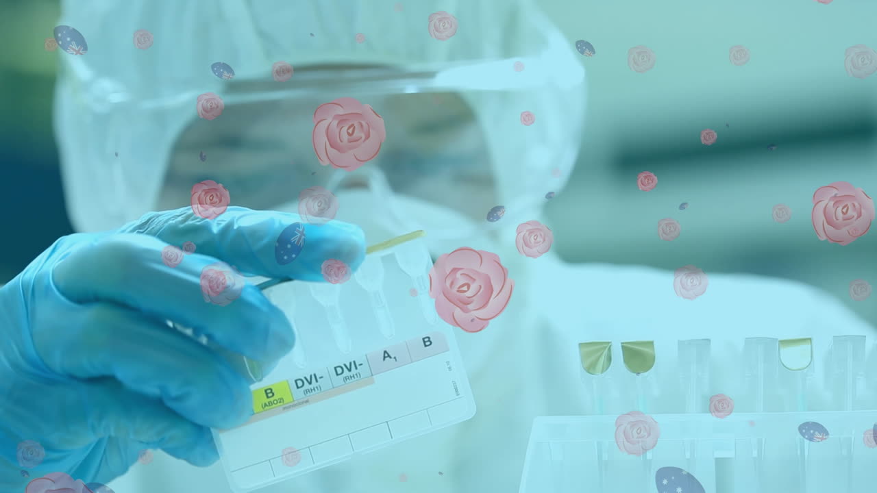Animation of flower icons over caucasian male scientist with test tubes