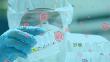 animación de iconos de flores sobre un científico caucásico con tubos de ensayo