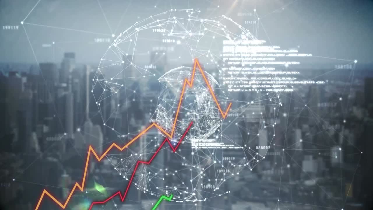 animación del globo y el paisaje urbano sobre el procesamiento de datos