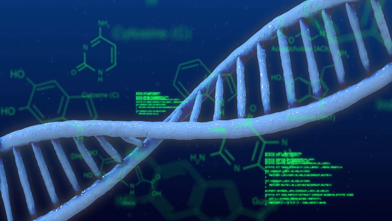 Data processing over DNA and chemical structure against blue background