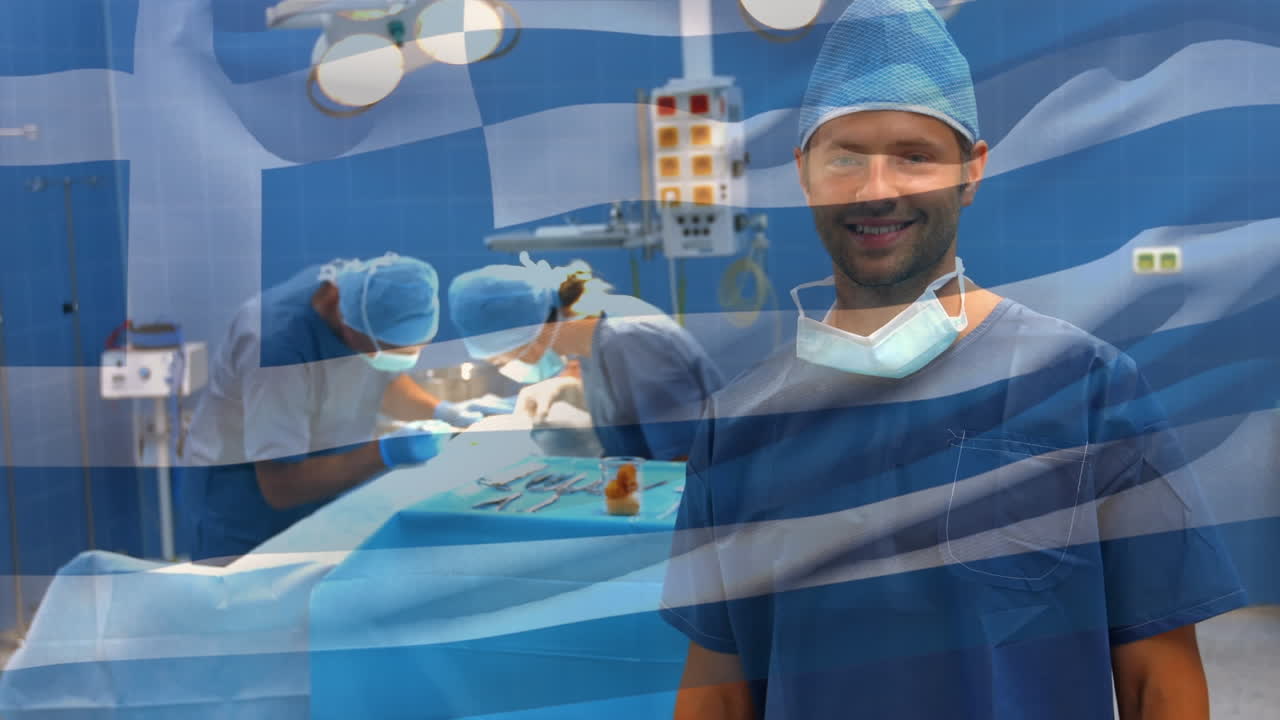 수술실 에 있는 외과 의사 들 위 에 그리스 국기 가 흔들리는 애니메이션