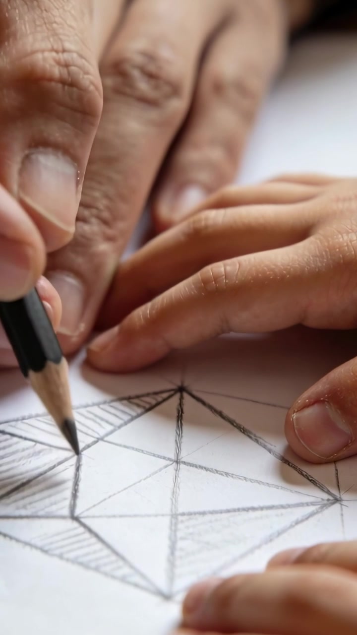 Vertical video: Pencil touching adult guiding kid's hand teaching geometric shading on home desk