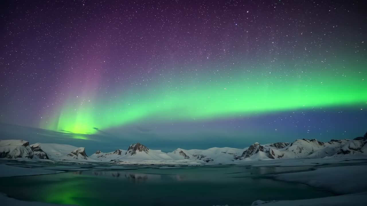 Aurora boreale che inizia a illuminarsi su una laguna ghiacciata di notte, mostrando drappeggi viola e cresta innevata