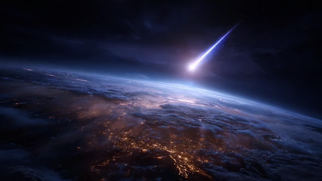 Stunning View of Earth from Space with a Bright Meteor Shower Illuminating the Night Sky Across the Planet's Surface and Edges of Atmosphere