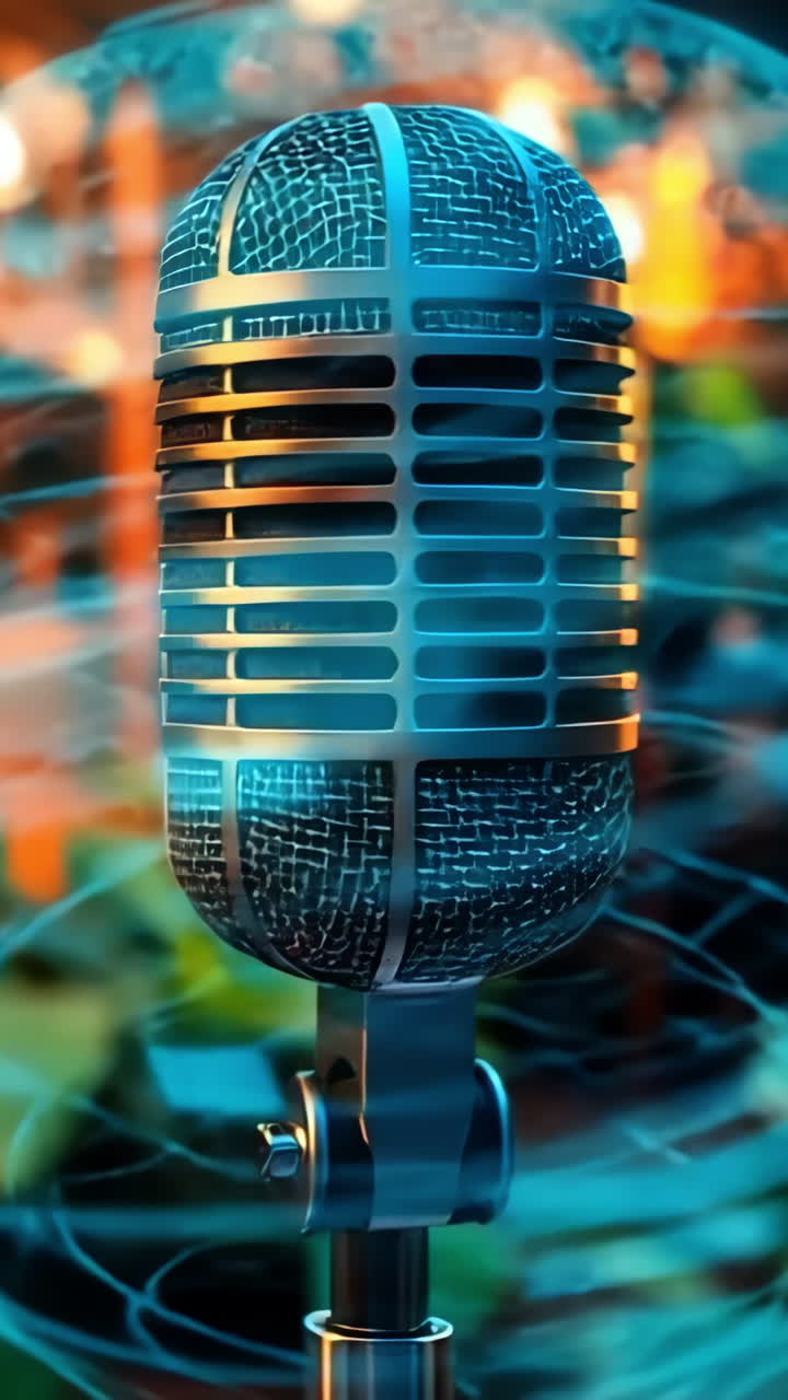 Bright mic set for lively acts. A chrome microphone awaits on stage, surrounded by glowing lights and a relaxed vibe, ready for musical talent.