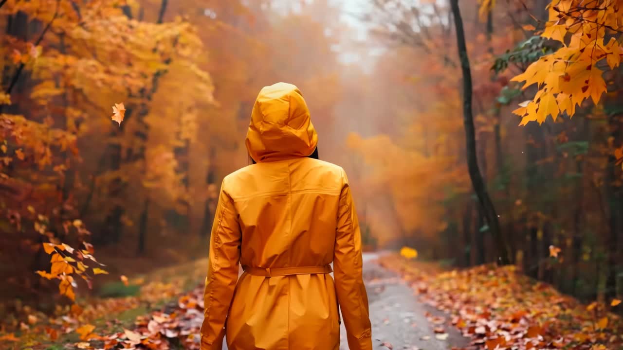A woman in a yellow raincoat walking down a path in the woods | Premium ...