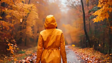 a woman in a yellow raincoat walking down a path in the woods