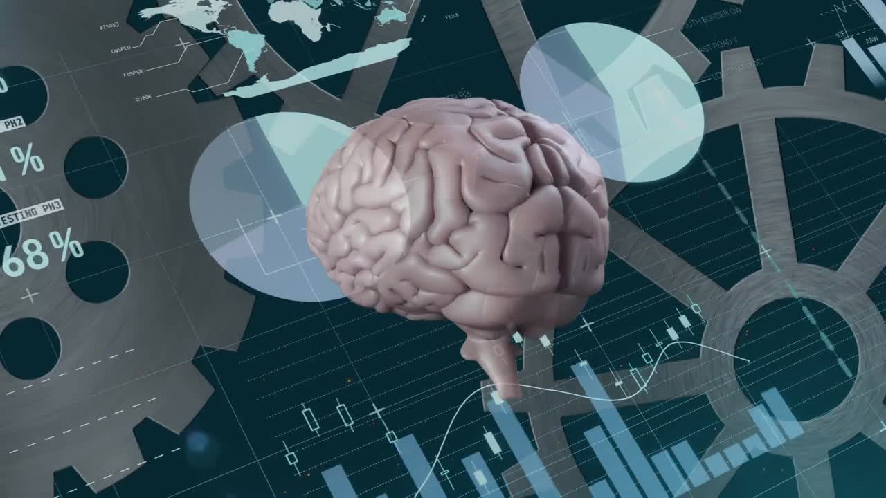 animación del procesamiento de datos financieros sobre el cerebro humano y engranajes girando sobre fondo azul