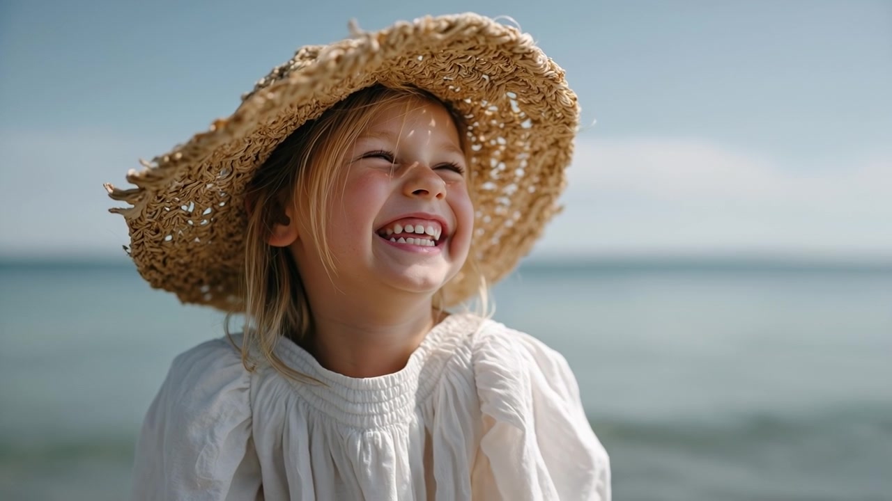Joyful young blonde girl in a straw hat laughing by the sea on a sunny day