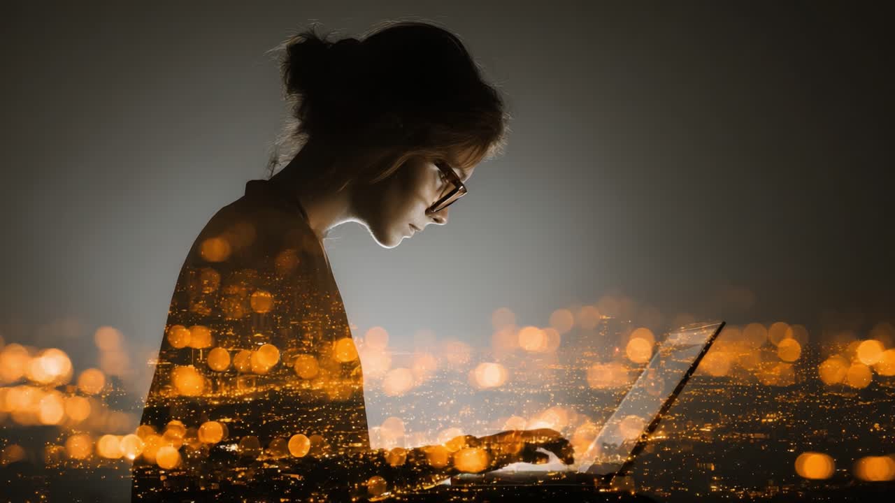 Silhouette of a Contemplative Individual Using a Laptop, Surrounded by a Dreamy Lightscape, Capturing the Essence of Modern Connectivity and Introspection