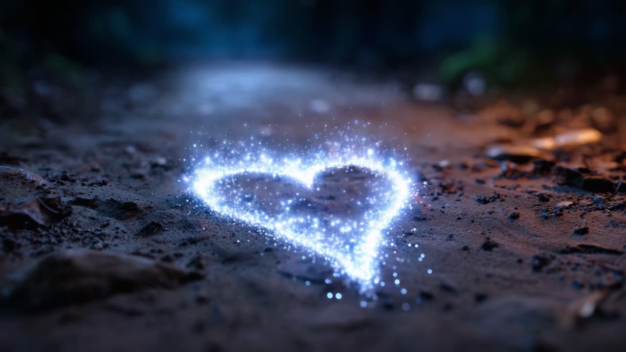 Un cuore scintillante disegnato con luci luccicanti su un sentiero nel bosco, che simboleggia l'amore e la magia in un'atmosfera onirica di notte