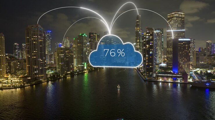 Cloud Computing Network over a Modern City Skyline at Night
