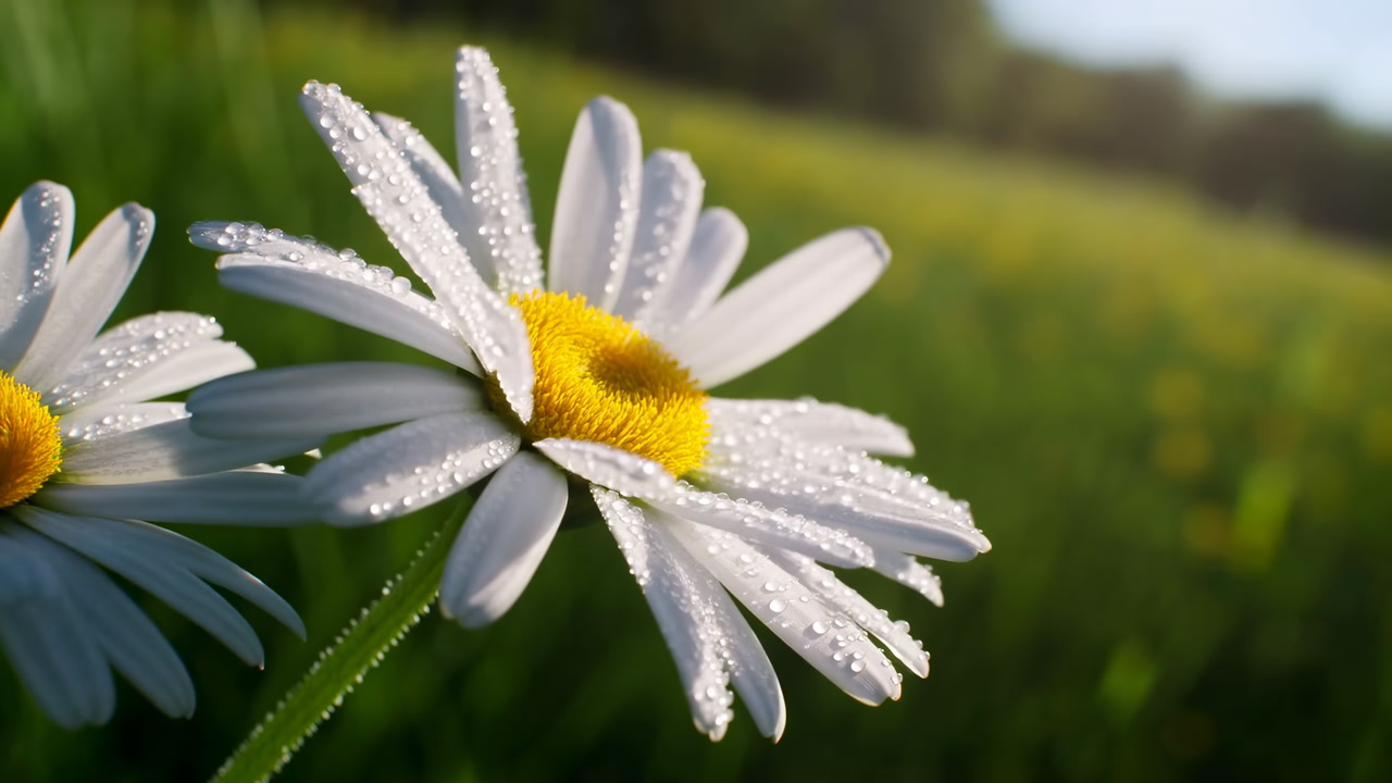 Daisy With Morning Dew Glistening On White Petals And Yellow Center, Sunlit Meadow Background, Shallow Depth